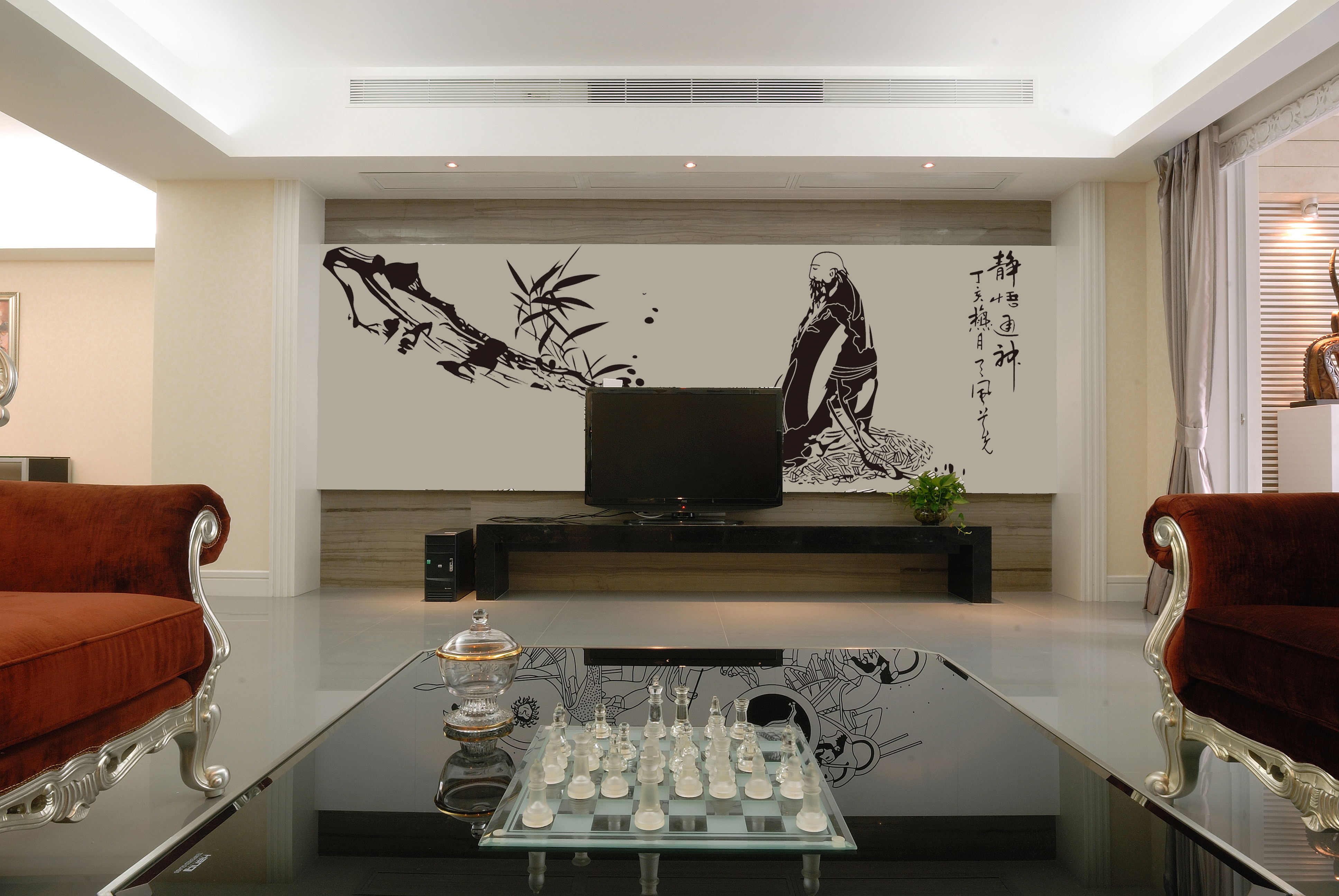 中式风格是比较自由的,装饰品可以是绿色植物,布艺,装饰画,以及不同